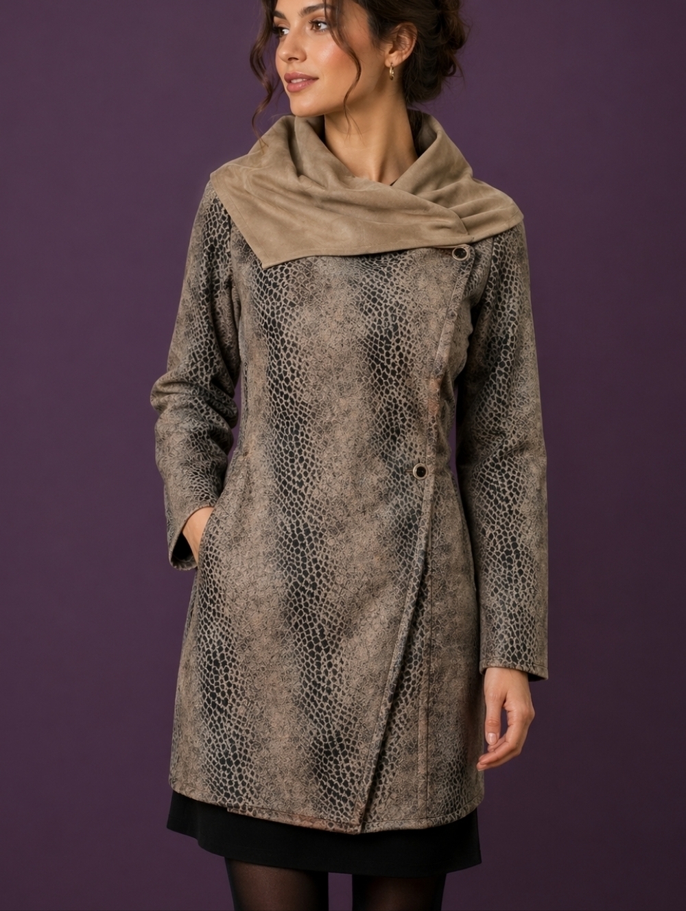 RACHEL ZOE Vegan Interchangeable Suede Crocodile Print Draped Wrap Jacket